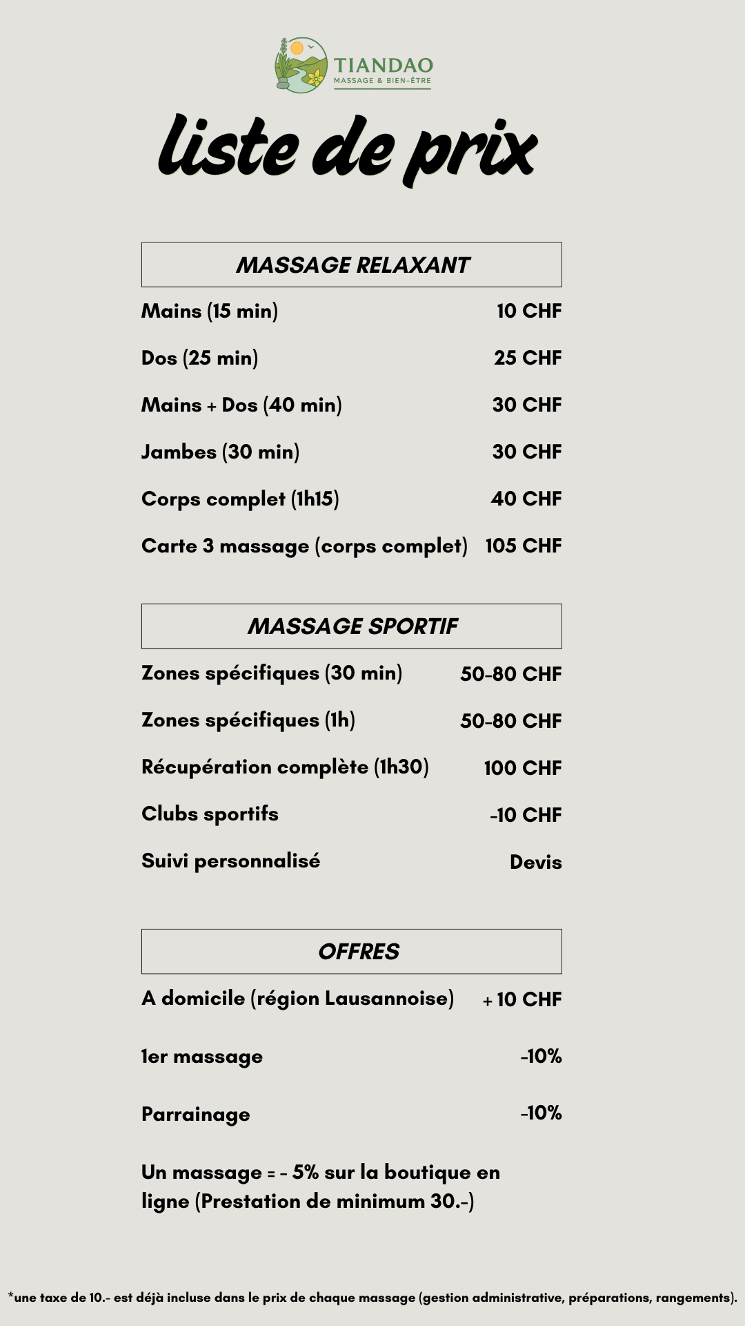 Liste de prix Tiandao